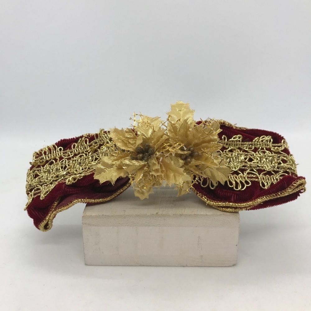 Velveteen Bow Barrette Gold Burgundy Vintage 1980s